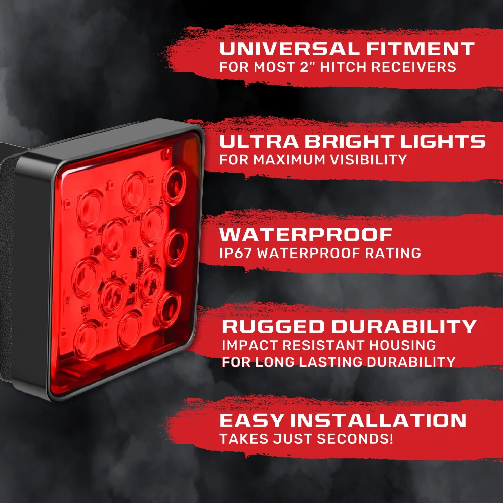2" Trailer Tow Hitch Cover with Red Square Ultra Bright LED Brake & Tail Light w/ 4-PIN Trailer Plug - Image 6