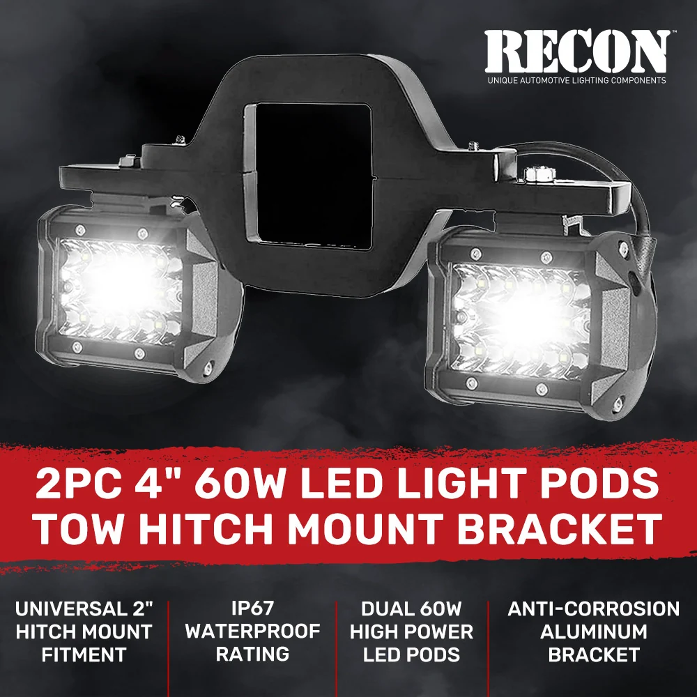 2" Universal Tow Hitch Mount Bracket w/ 2-Piece 60W LED Light Pods for Backup/Reverse Lights - Image 2