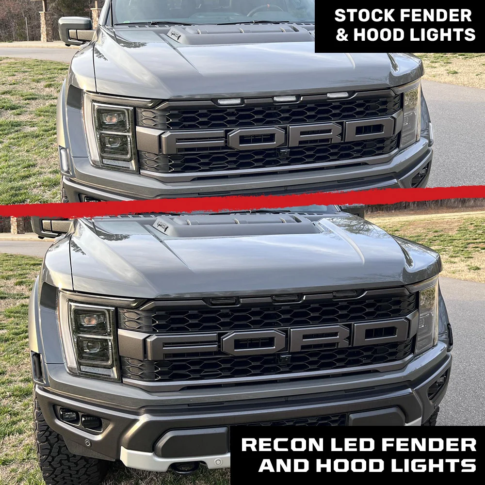 Ford 21-22 Raptor 7-Pc Fender & Hood Light Kit Smoked Lens White or Amber LED Running Lights w/ Startup Light Sequence - Image 2