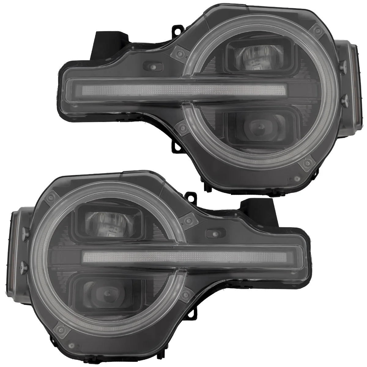 Ford Bronco 21-25 LED Projector Headlights w/ Ultra High Power LED High/Low Beams & White OLED DRL w/ Start-Up Lighting Sequence & Scanning Amber LED Turn Signals - Smoked / Black
