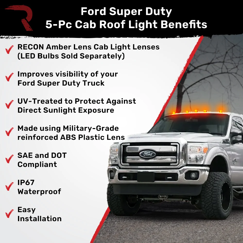 Ford Super Duty 99-16 5 Piece Cab Lights Amber Xenon Bulbs with Amber Lens - (Attn: This cab light kit replaces OEM factory installed Ford 99-16 cab roof light lenses) - Image 3