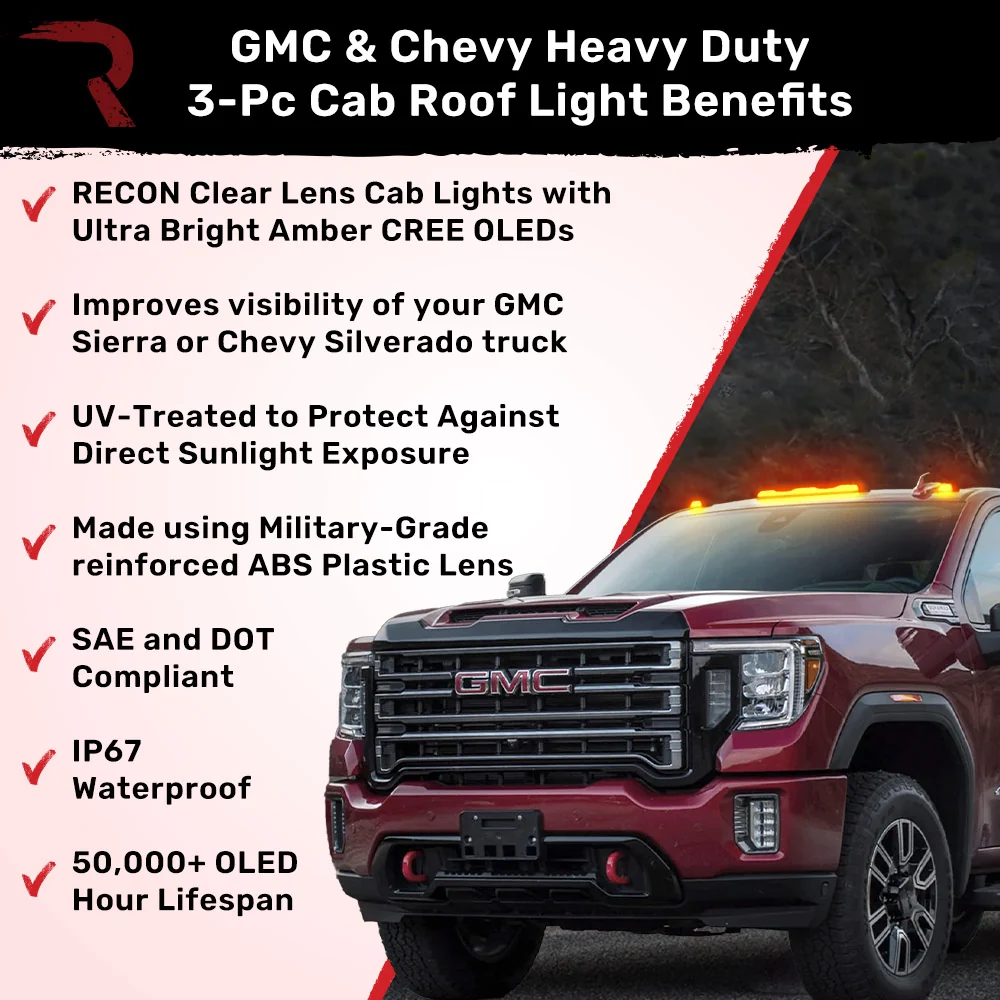 GMC & Chevy 20-25 (4th GEN Body Style) Heavy-Duty (3-Piece Set) Clear Cab Roof Light Lens with Amber LED’s - (Attn: Replaces OEM factory cab roof lights) - Image 3